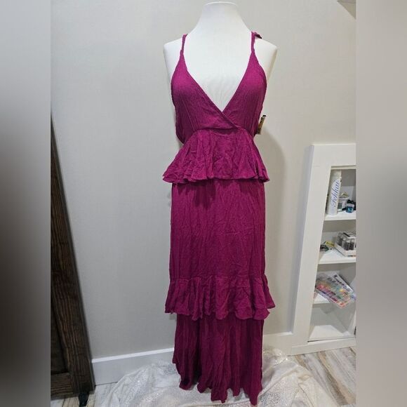 BOBEAU Ruffle Tier Woven Maxi Dress Raspberry Nwot Size XS - Picture 2 of 4